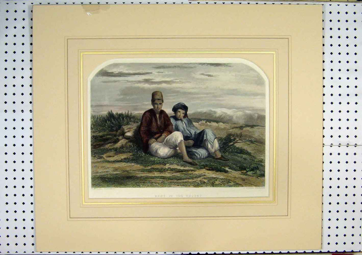Original Old Antique Print 1865 Hand Coloured Men Resting Desert Cousen Muller
