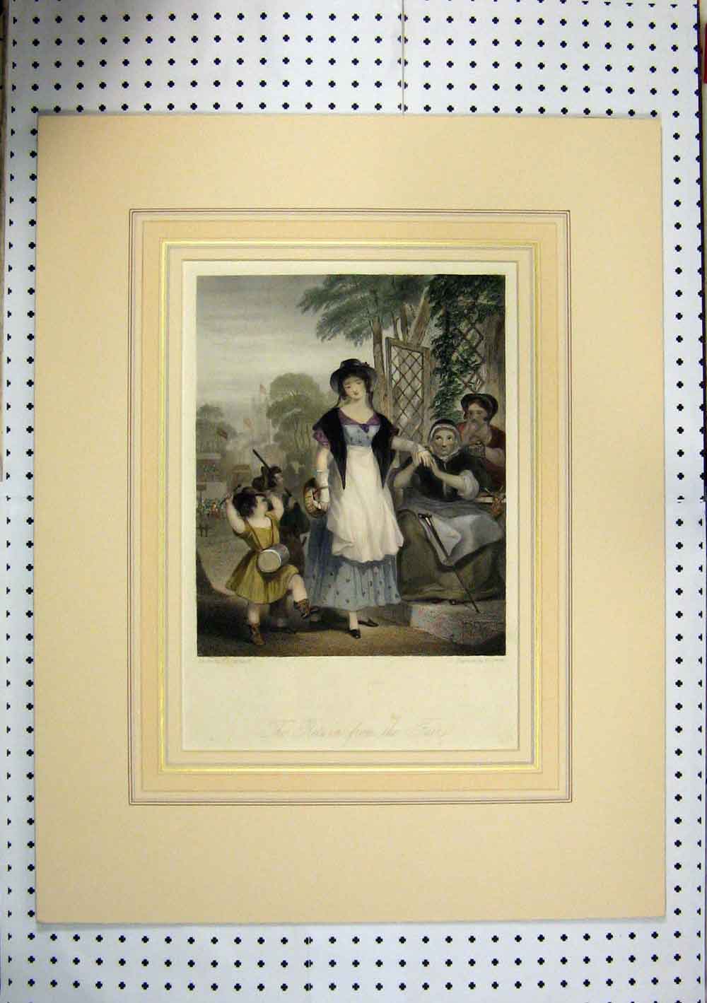 Original Old Antique Print 1865 Hand Coloured Family Returning Fair Music Drum