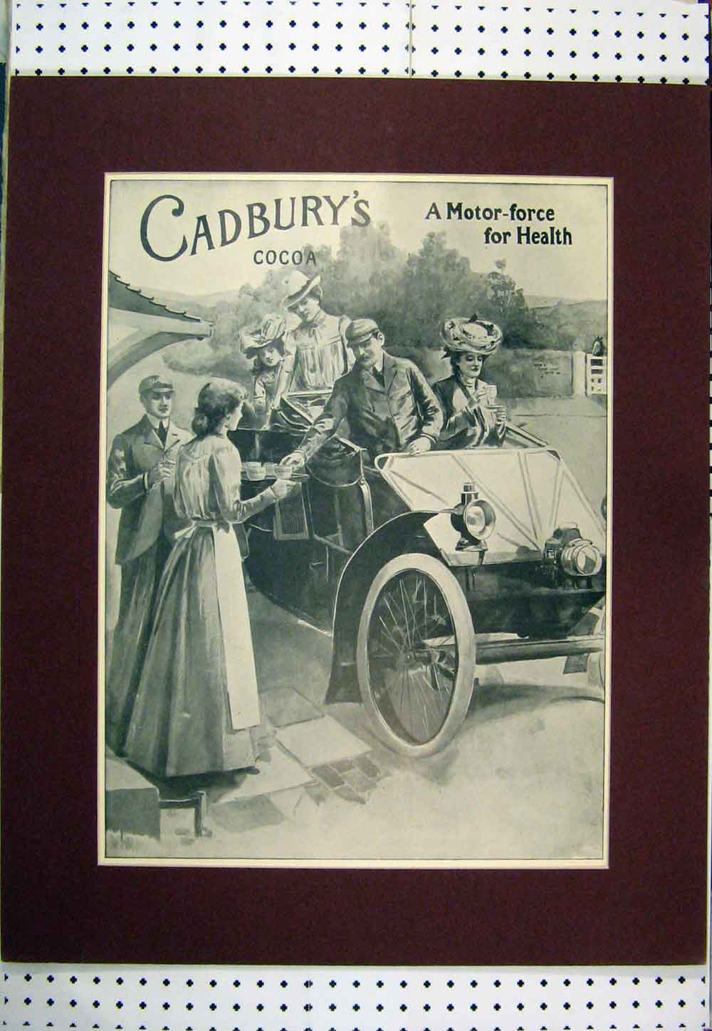 Original Old Antique Print C1902 Advert Cadbury'S Cocoa Motor Car Men Women