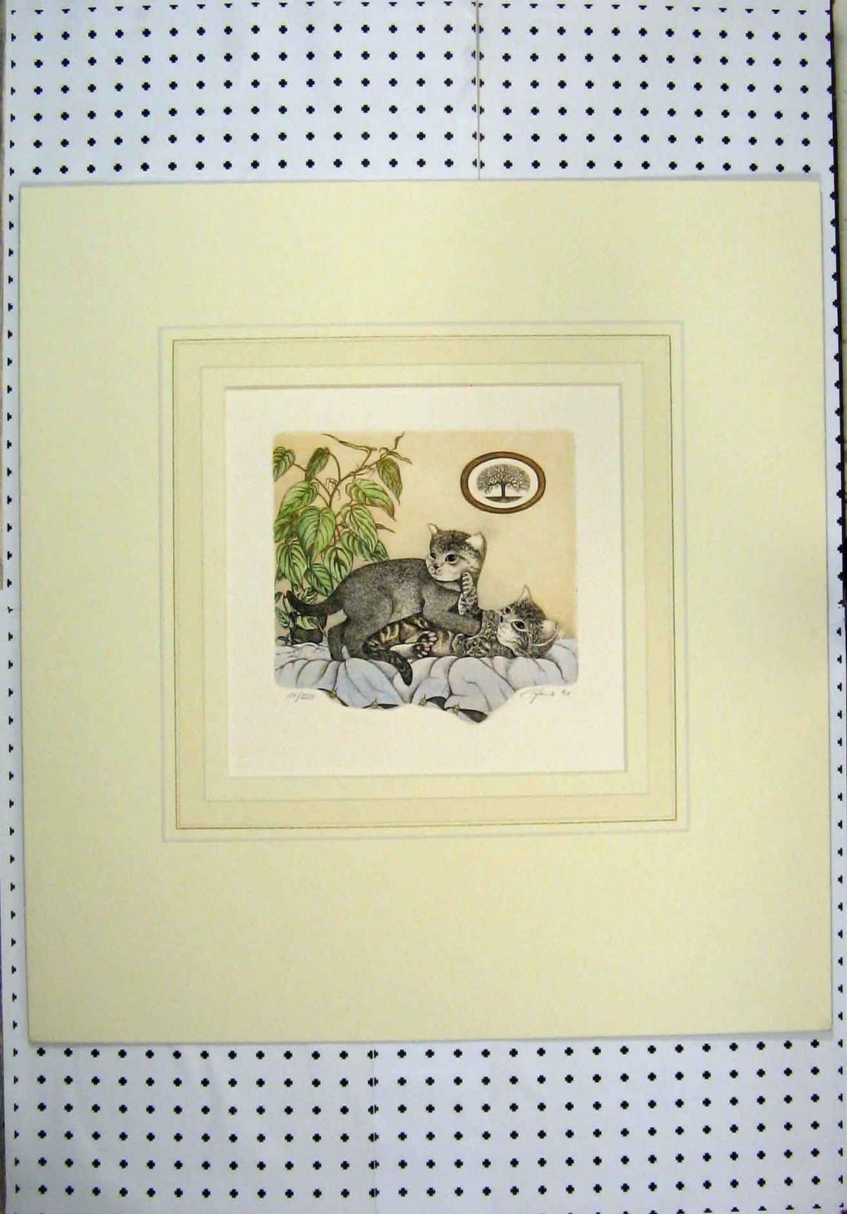 Original Old Antique Print Kittens Playing Limited Edition Water Colour 11/350