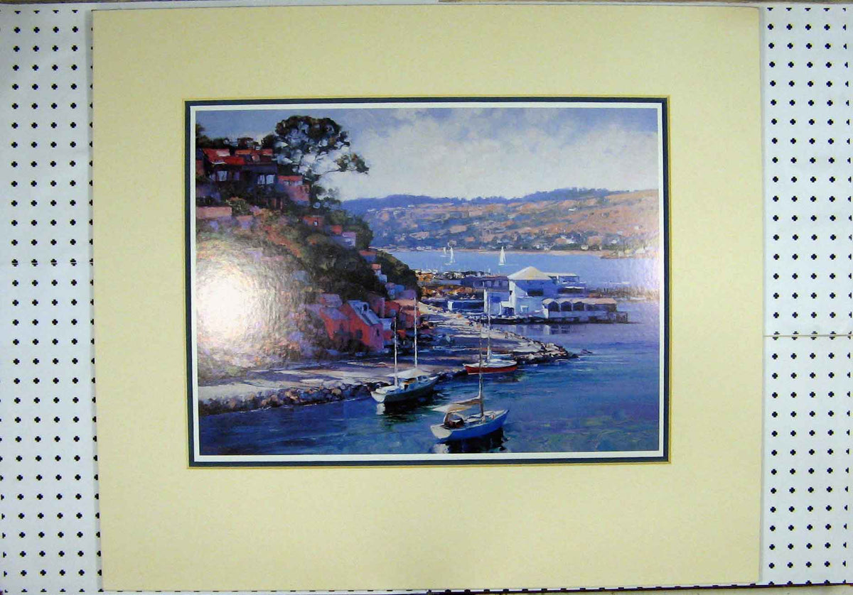 Original Old Vintage Print Watercolour 1930 Town Scene Harbour Boats Houses