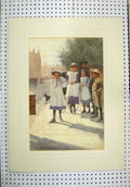 Original Old Vintage Print 1930 Watercolour School Boys Girls Street Scene