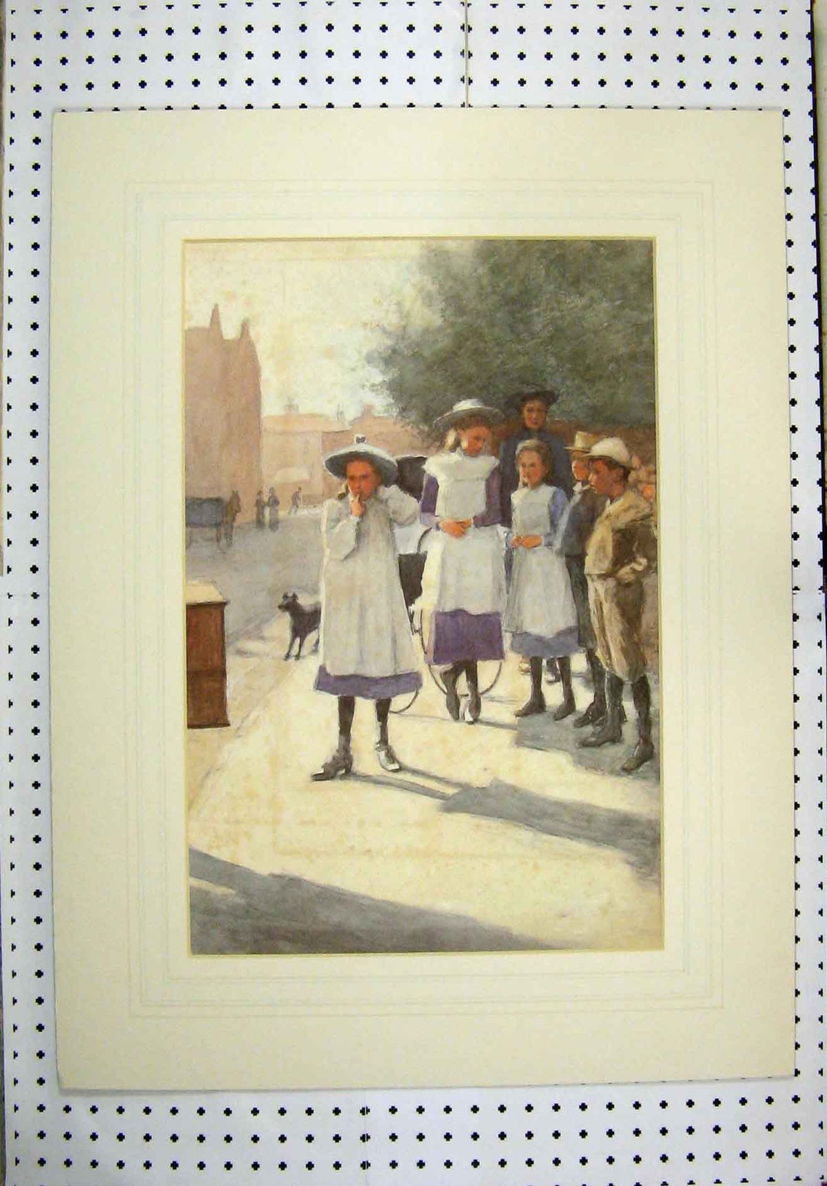 Original Old Vintage Print 1930 Watercolour School Boys Girls Street Scene