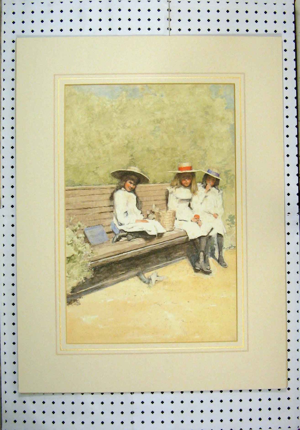 Original Old Vintage Print 1930 Watercolour Young Girls Picnic Bench Colour