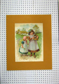 Original Old Antique Print Country Scene Young Girls Dog Basket Colour