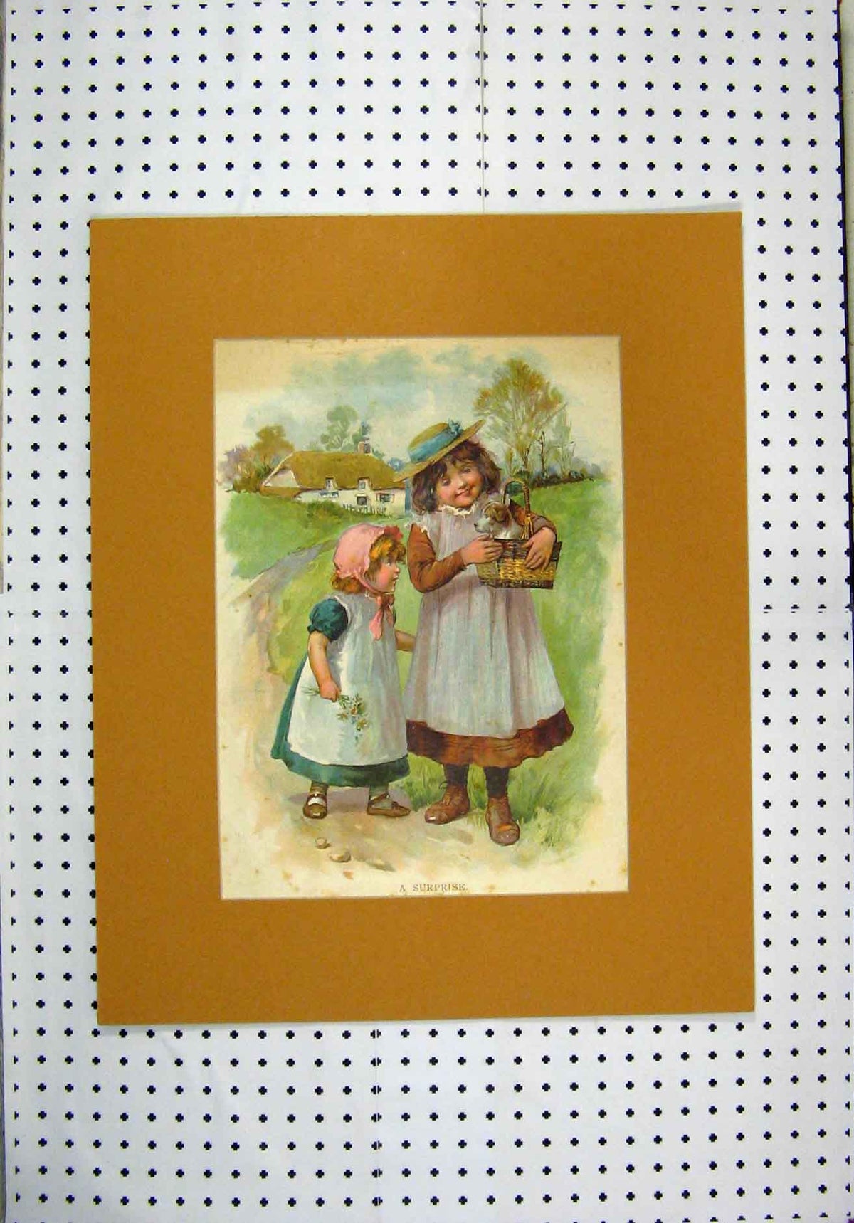 Original Old Antique Print Country Scene Young Girls Dog Basket Colour