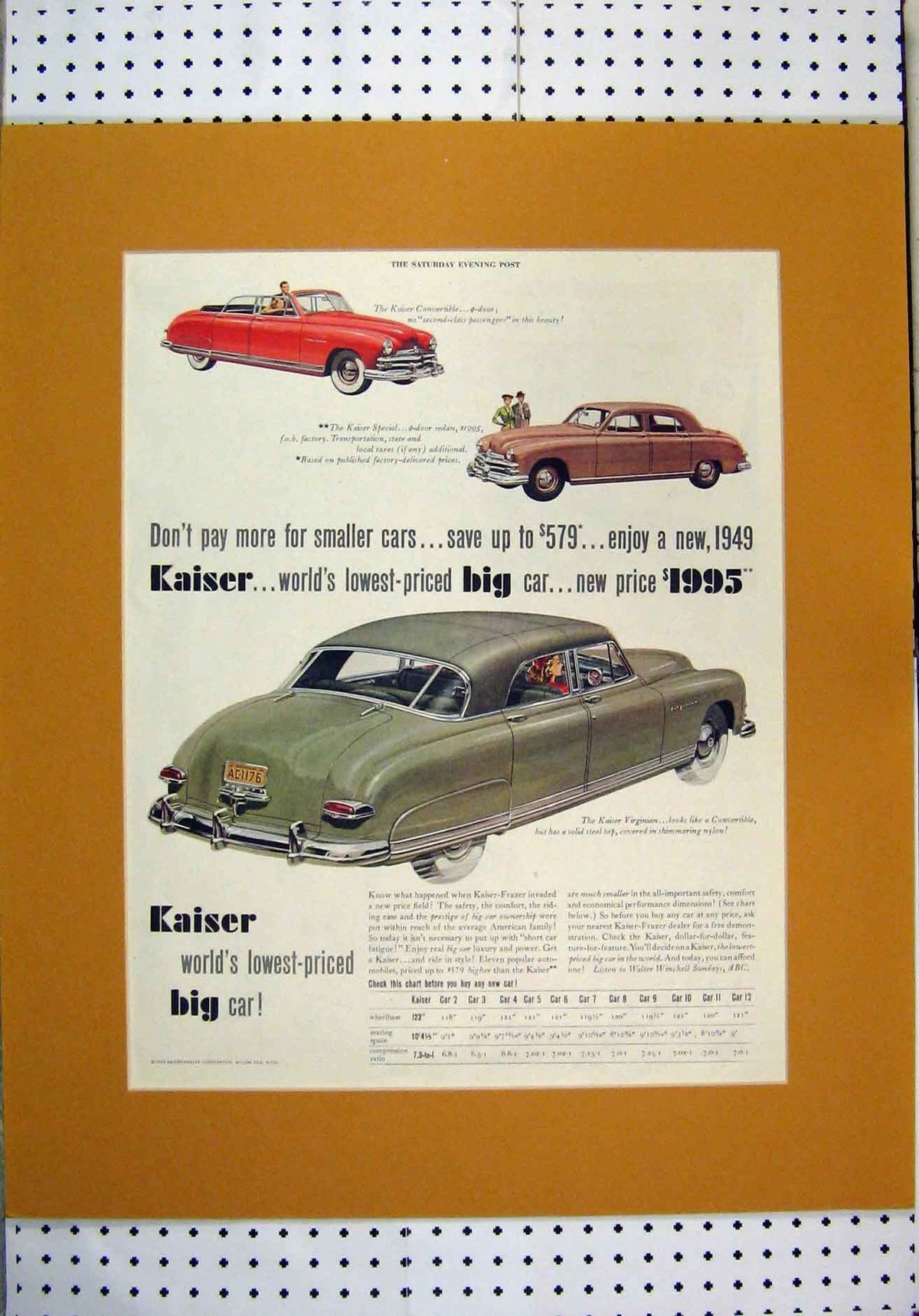 Original Old Vintage Print 1949 Advert Kaiser Motor Lowest Price Big Car Colour