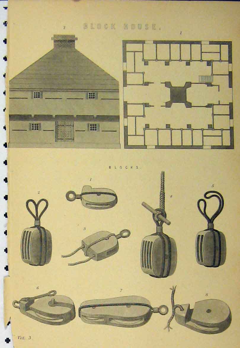 Original Old Antique Print Block House Map Diagram Untensils Rope