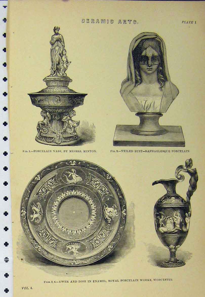 Old Antique Print C1890 Ceramic Arts Vieled Bust Porcelain Vase Ewer Dish 19th