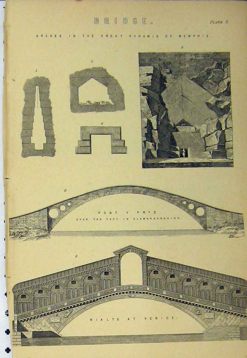 Old Antique Print C1890 Bridge Arches Great Pyramid Memphis Rialto Venice 19th