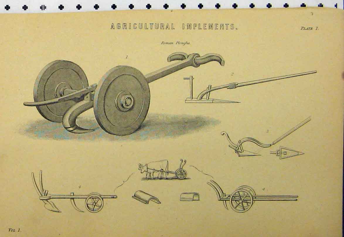Original Old Antique Print C1890 Agricultural Implements Roman Ploughs 19th