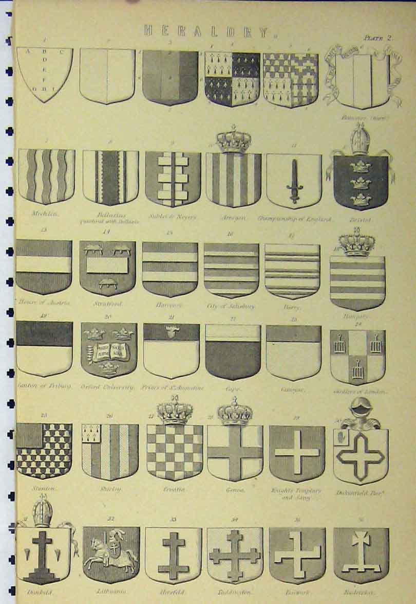 Original Old Antique Print C1890 Herarldy Family Coat Arms Boyle Campbell Byron