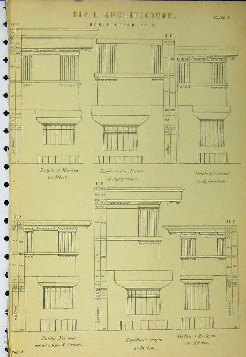 Old Antique Print C1890 Civil Architecture Doric Order Temple Juno Athens 19th