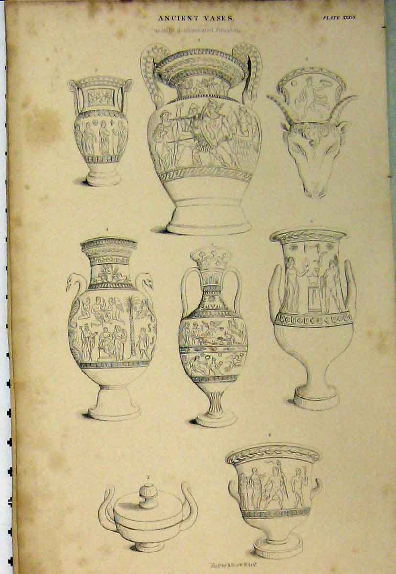 Original Old Antique Print C1890 Ancient Vases Gem Sculpture Cupid Sea Nymph
