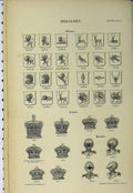 Original Old Antique Print C1890 Heraldry Crowns Animals Helmets Shapes 19th