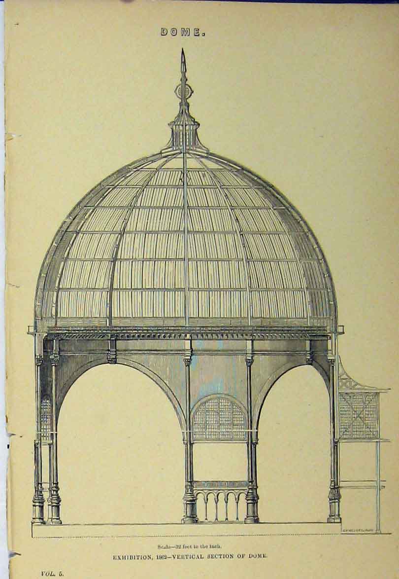 Original Old Antique Print Dome Exhibition 1862 Vertical Section 19th