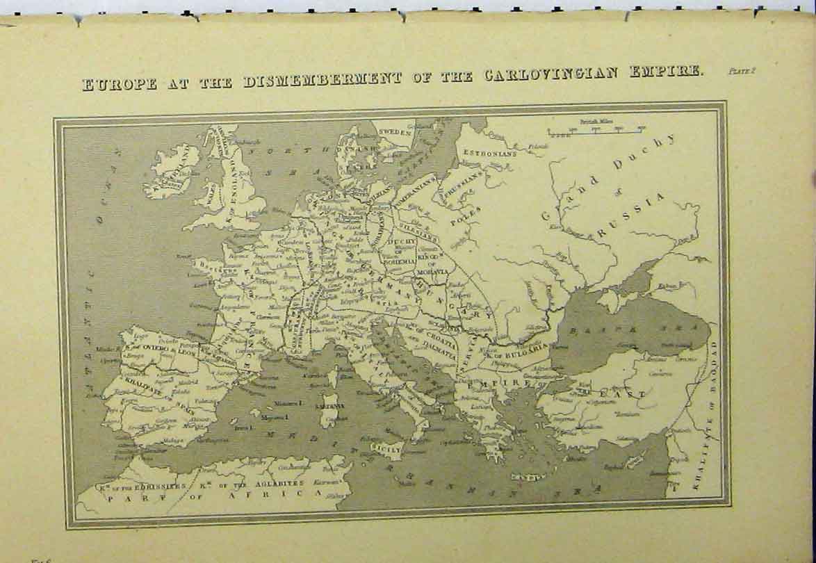 Original Old Antique Print Map Europe Dismemberment Carlovingian Empire C1890