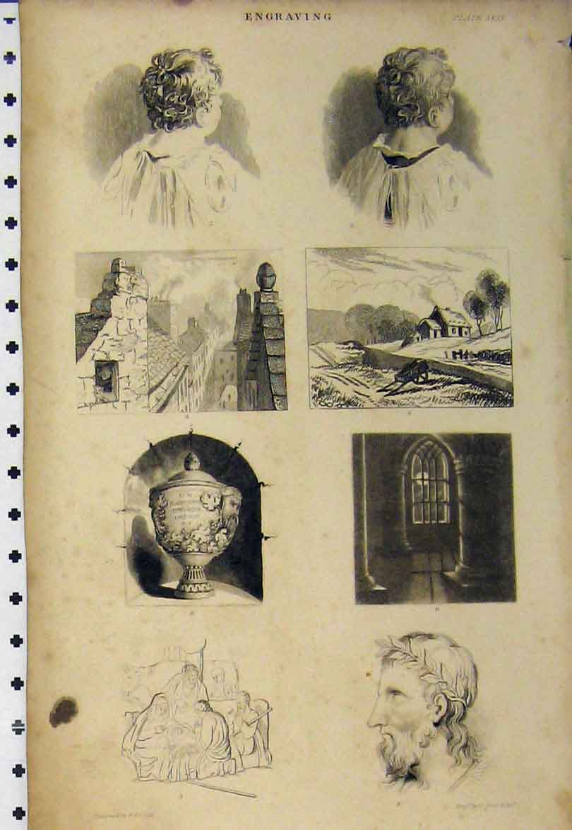 Original Old Antique Print Engraving C1890 Mans Head Country House Window Scott