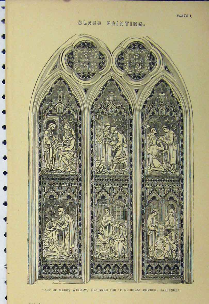 Original Old Antique Print C1890 Glass Painting Mercy Window Nicholas Church