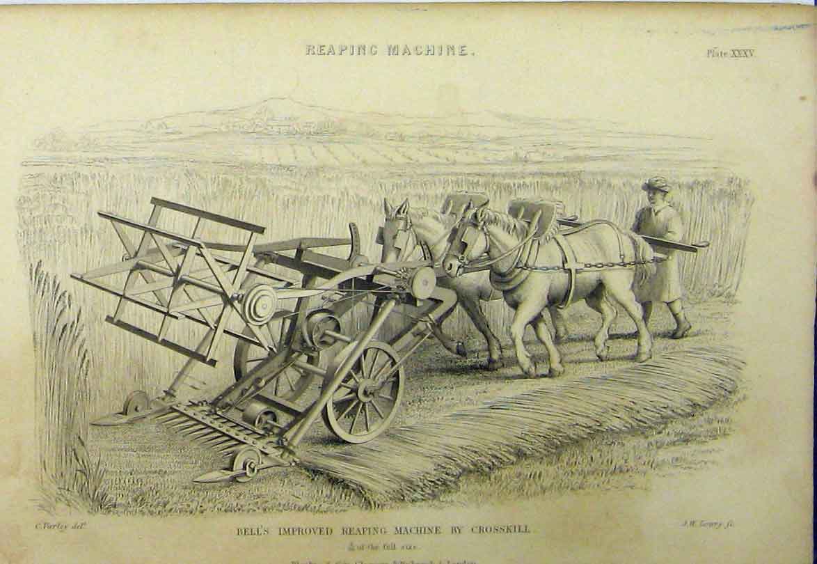 Old Antique Print C1890 Bells Reaping Machine Crosskill Agricultural Farm 19th