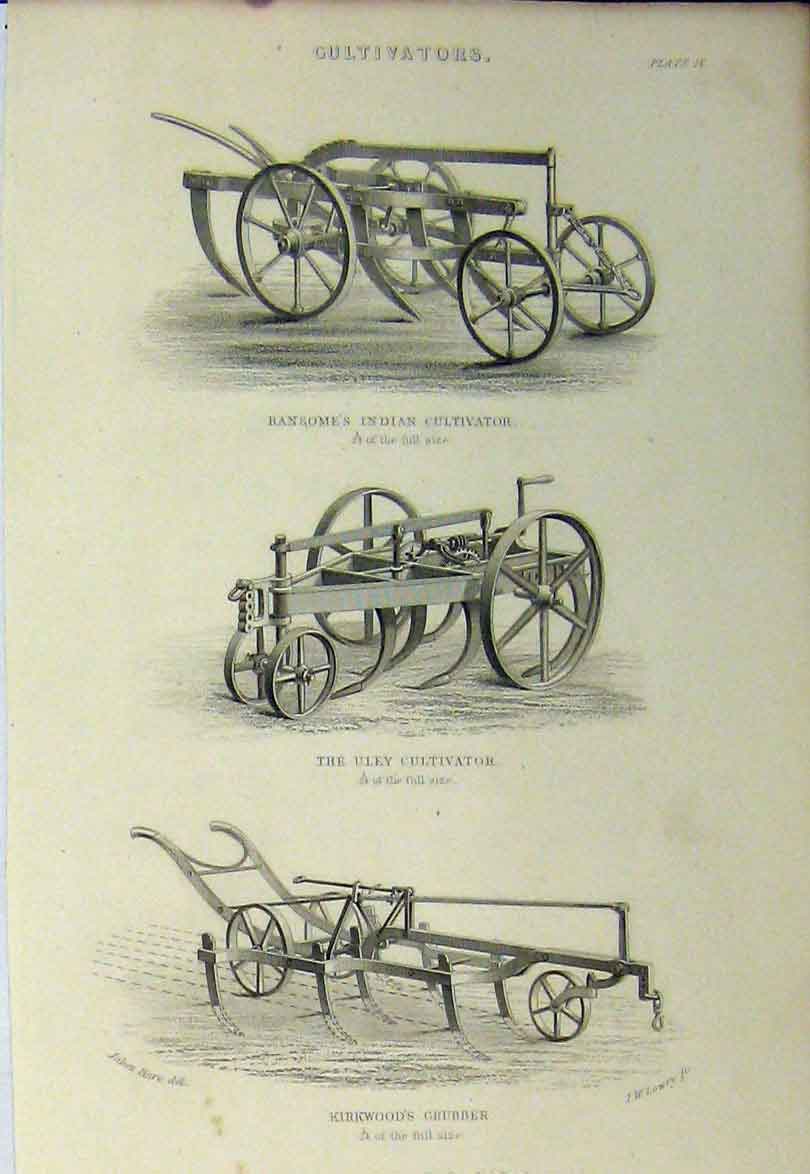 Old Antique Print C1890 Cultivators Farm Indian Grubber Reaper Scarifier 19th