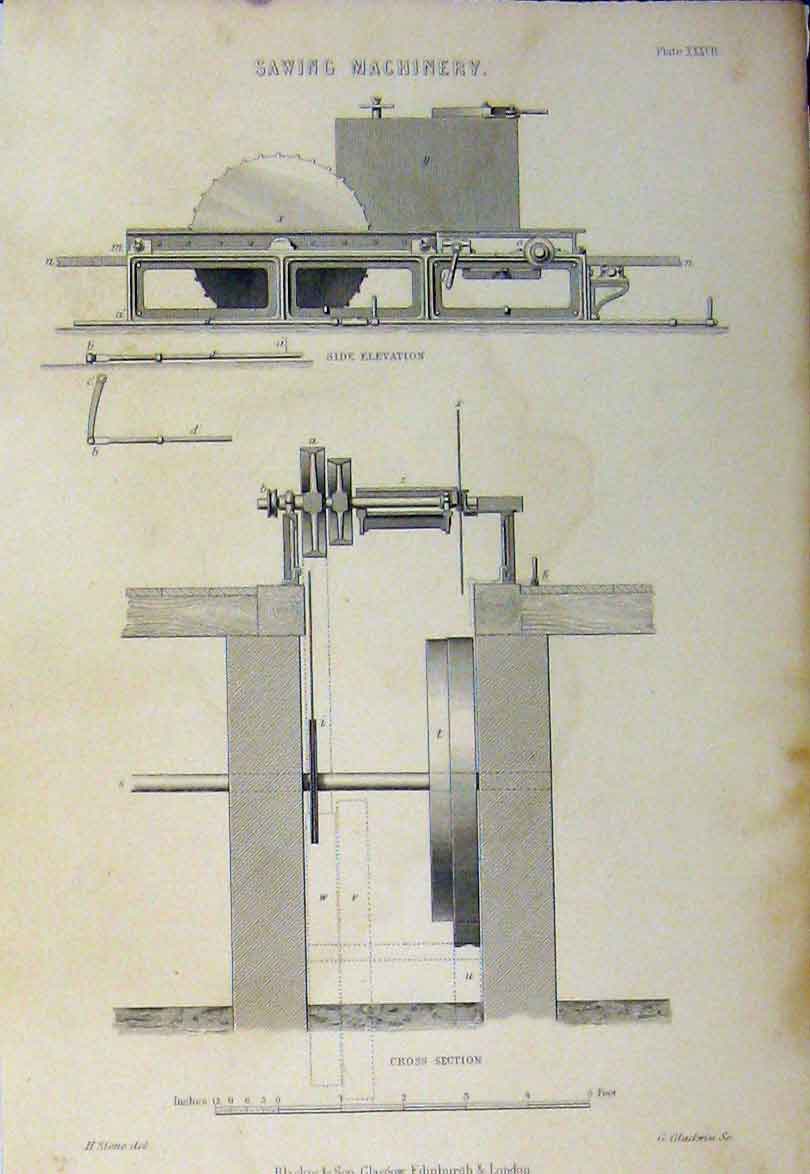 Old Antique Print C1890 Sawing Machinery Plan View Side Elevation Diagram 19th