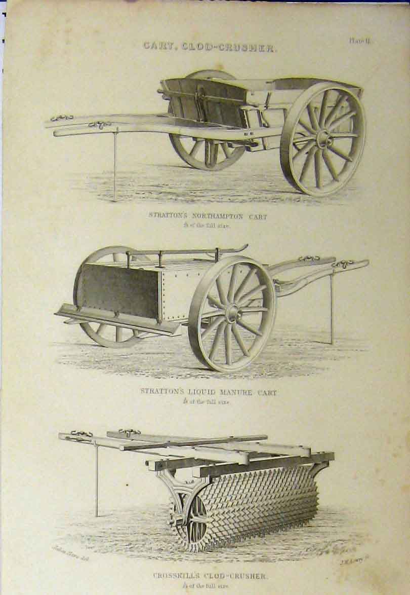 Original Old Antique Print C1890 Cart Clod-Crusher Stratton Manure Crosskill