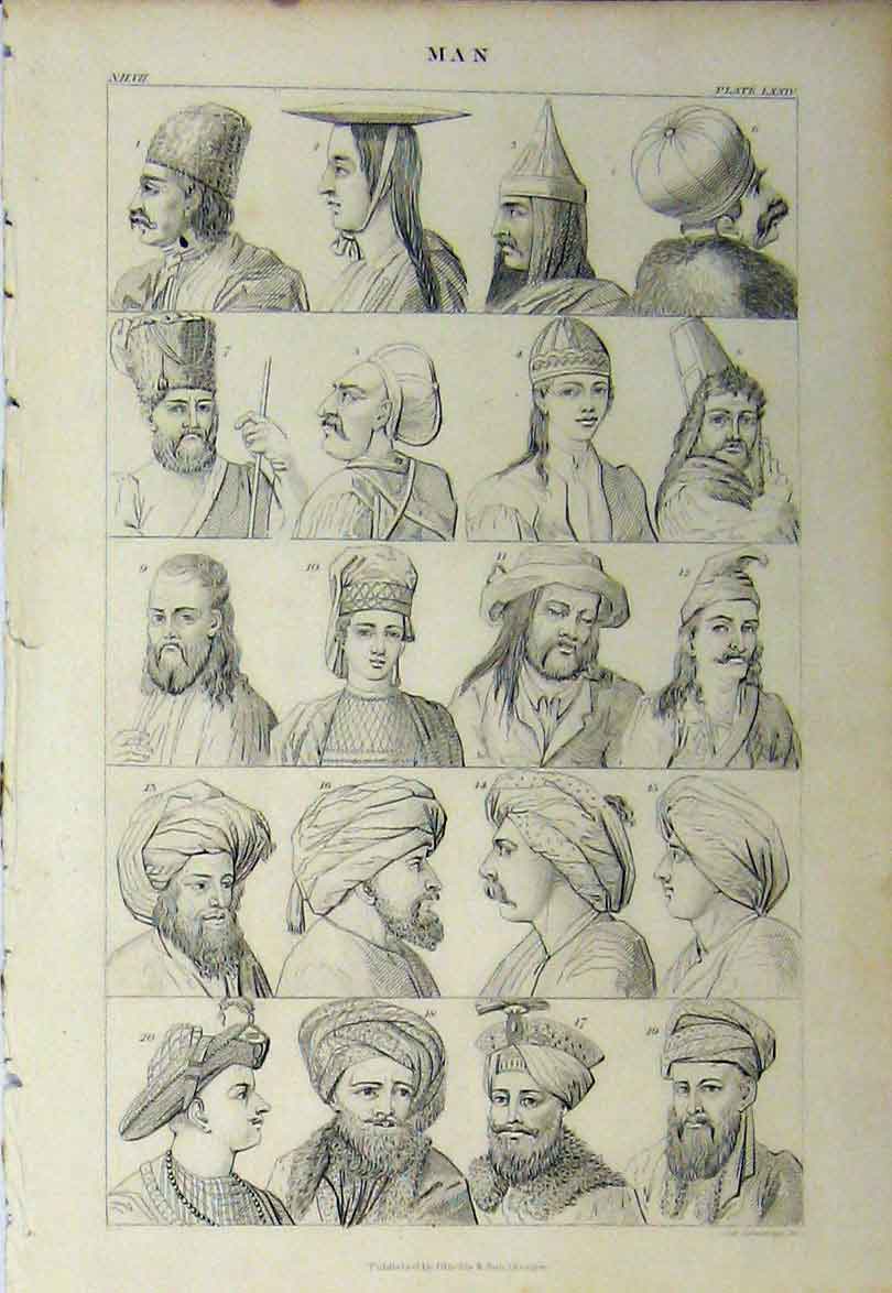 Original Old Antique Print C1890 Men Portraits Headwear Turban Hat Victorian