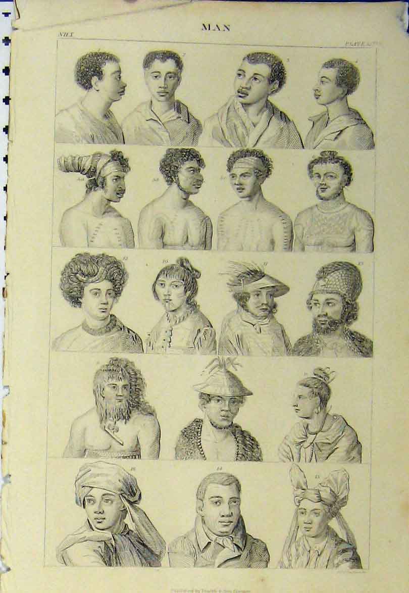 Original Old Antique Print C1890 Men Races Natives Hats Portraits Victorian