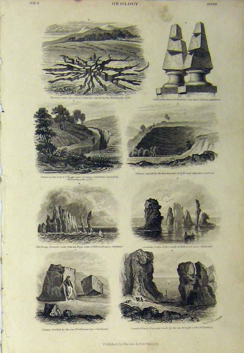 Original Old Antique Print C1890 Geology Granite Rocks Shetland Dongs Chasm