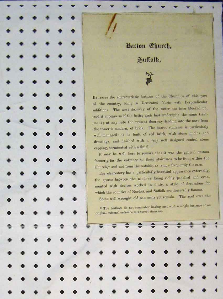 Old Antique Print Four Pages Bacton Church Suffolk Turret Staircase Plan