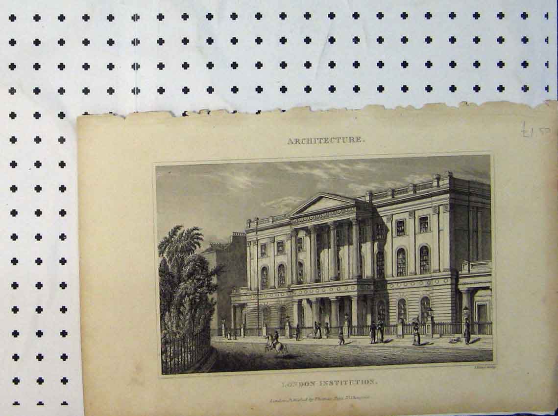 Original Old Antique Print Architecture View London Institution Engraving