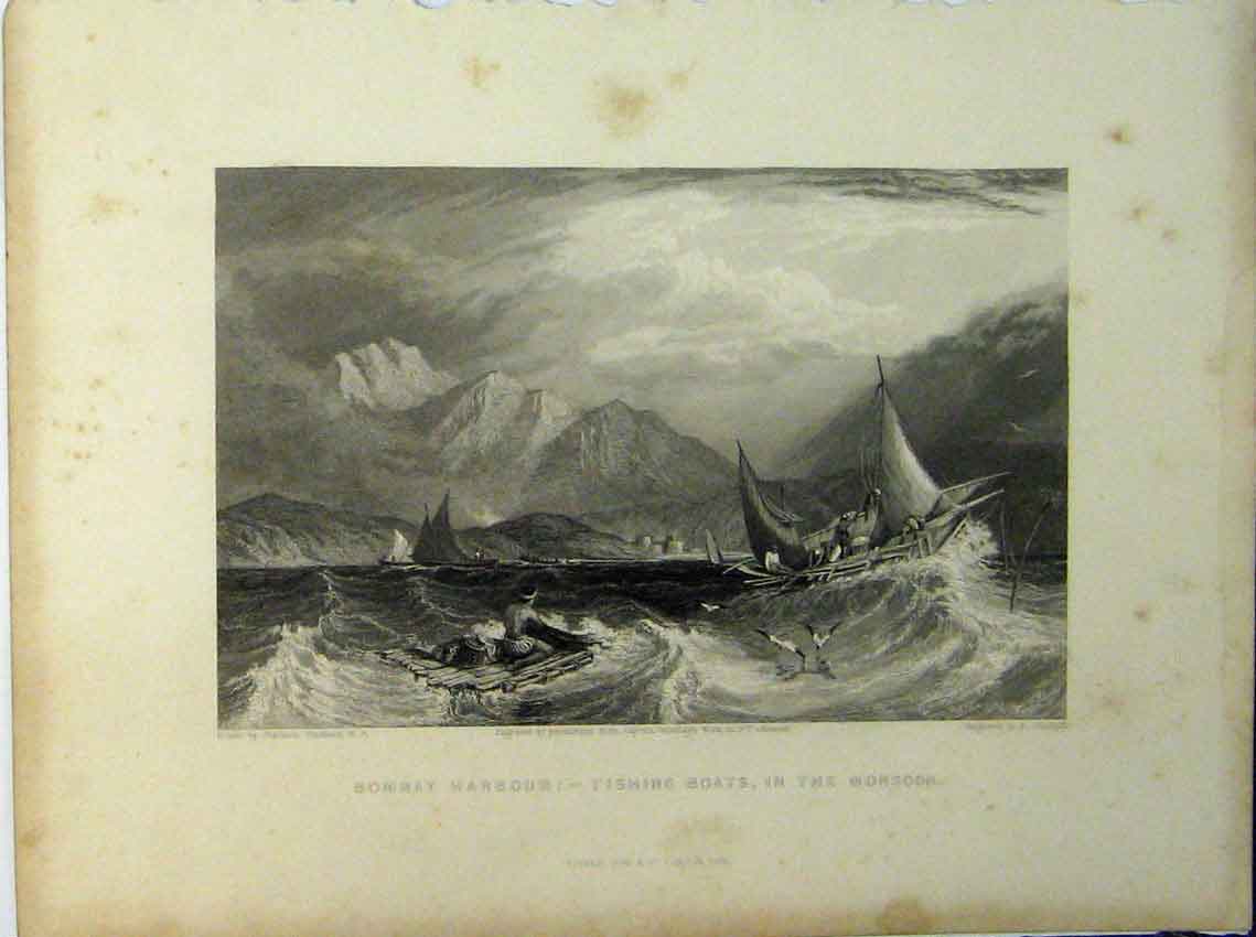Original Old Antique Print Bombay Harbour Fishing Boats Monsoon Storm Engraving