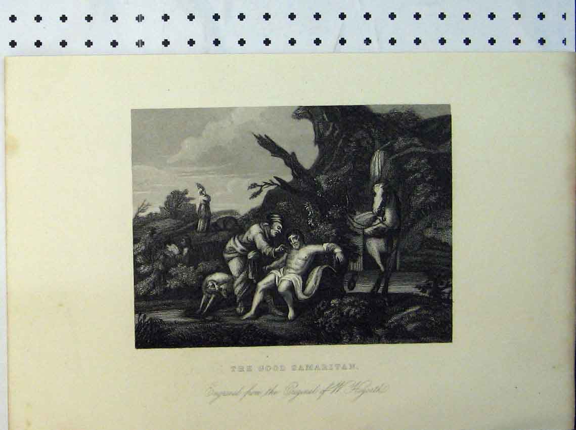 Old Antique Print Two Pages Good Samaritan Men Horse Engraving Hogarth