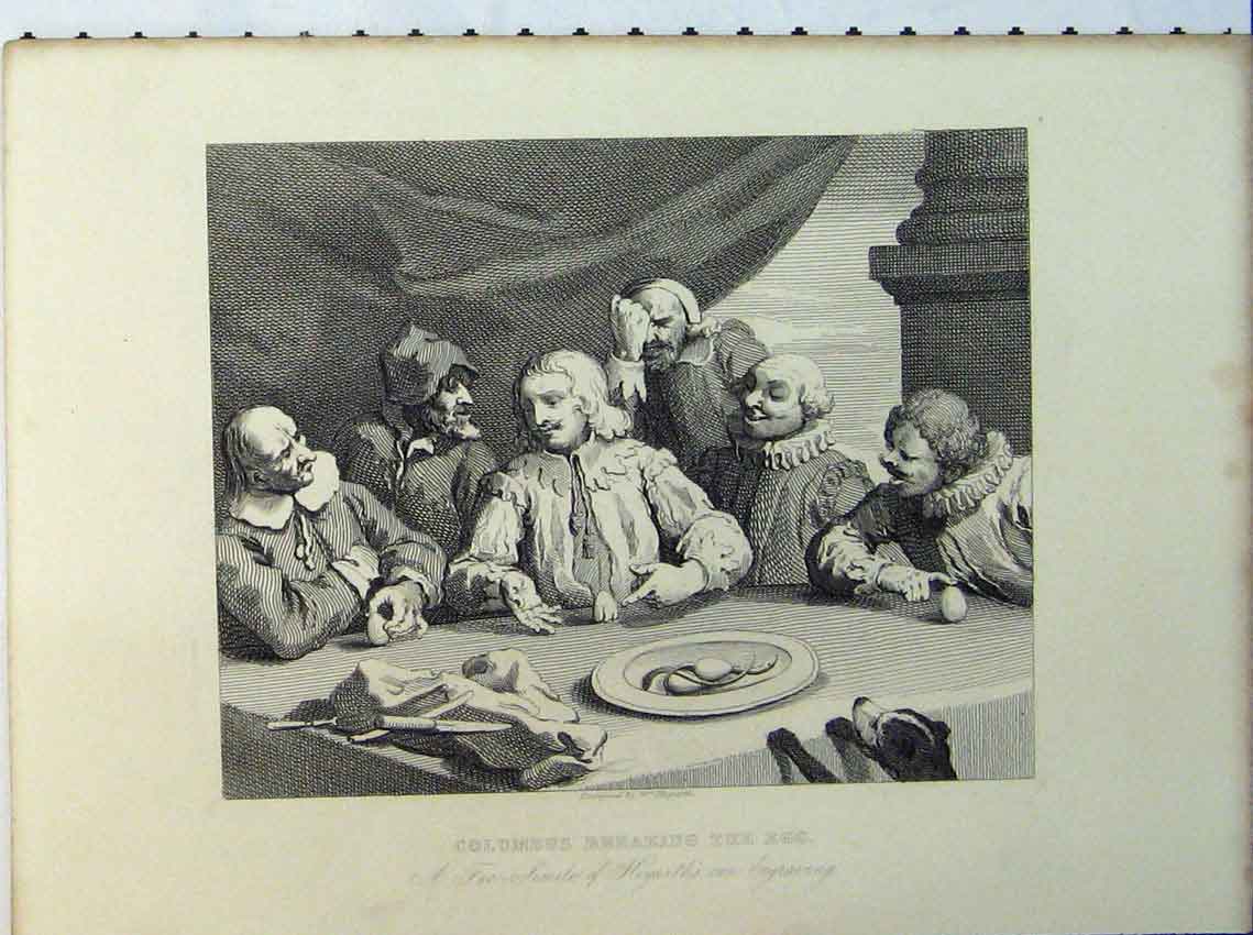 Old Antique Print Two Pages Columbus Breaking Egg Table Scene Engraving