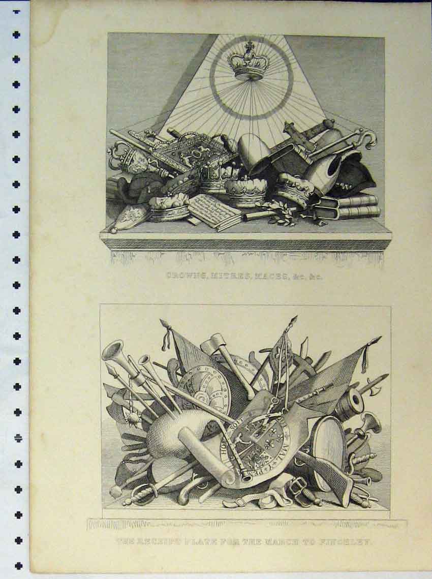 Original Old Antique Print Crowns Mitres Maces Receipt Plate March Finchley