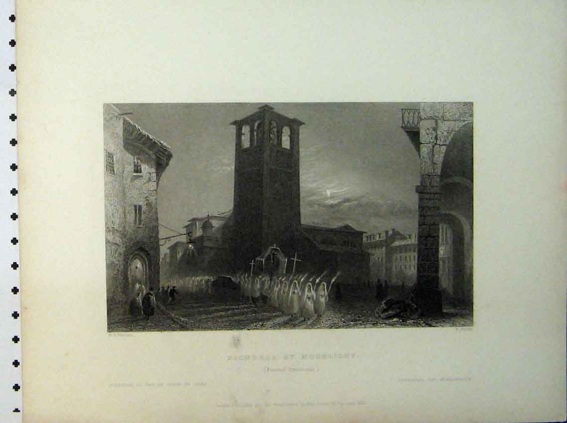 Original Old Antique Print Pignerol Moonlight Funeral Procession Engraving