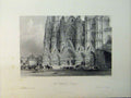 Original Old Antique Print View Cathedral Bourges Street Scene Engraving