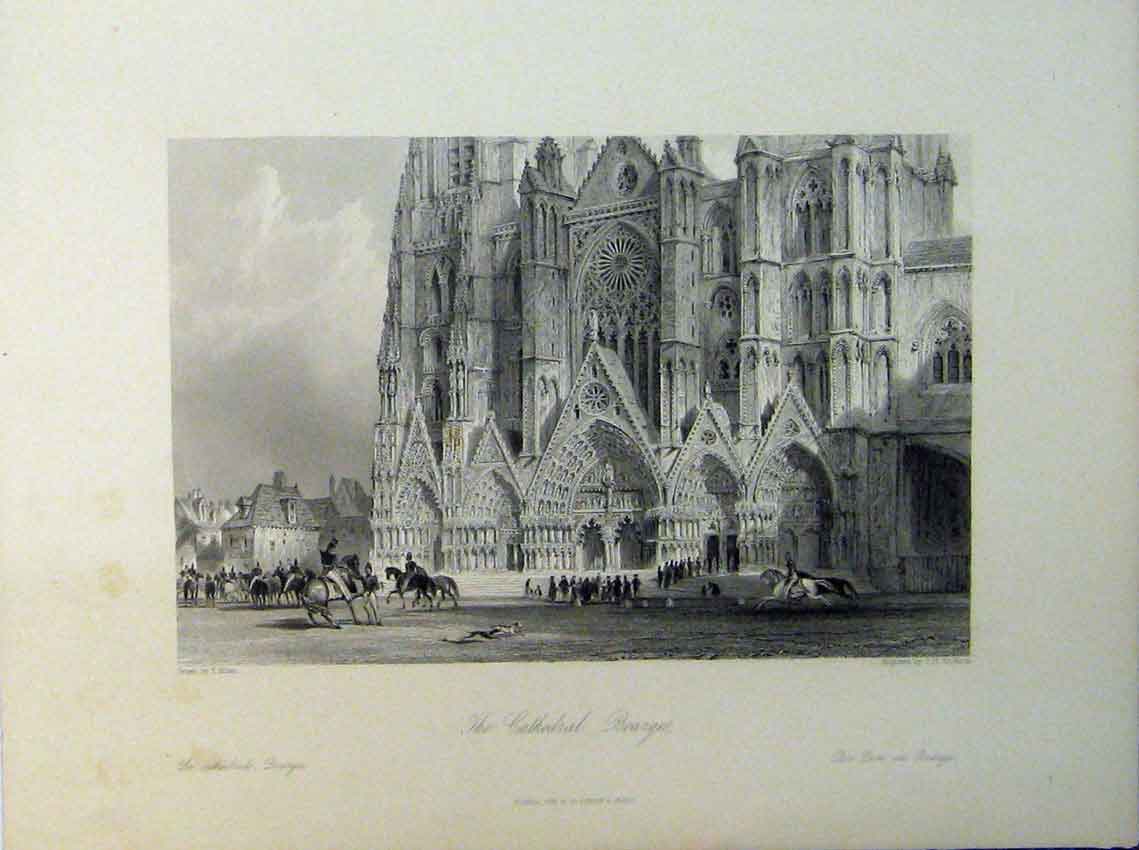 Original Old Antique Print View Cathedral Bourges Street Scene Engraving