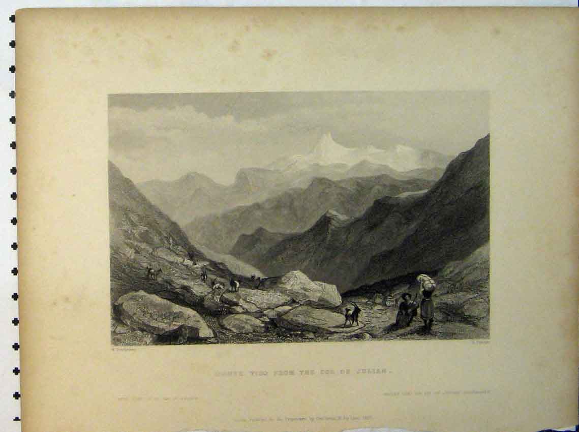 Original Old Antique Print Monte Viso Col De Julien Mountain Scene Engraving