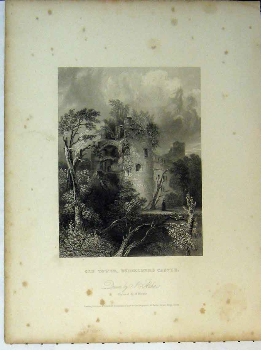 Original Old Antique Print View Tower Heidelberg Castle Engraving Winkles