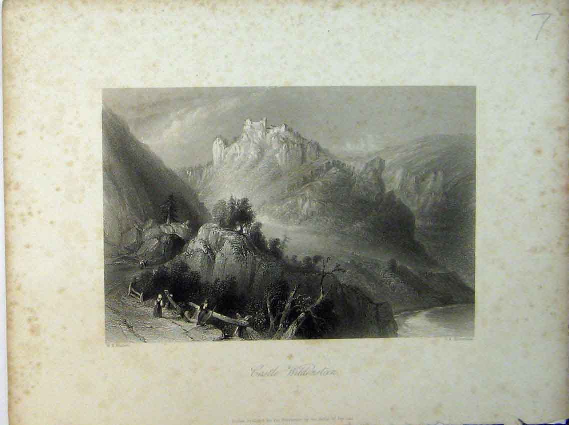 Original Old Antique Print View Castle Wildenstein Mountain Scene Engraving