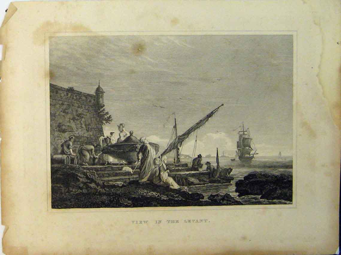 Original Old Antique Print View Levant Sea Scene Women Working Ship