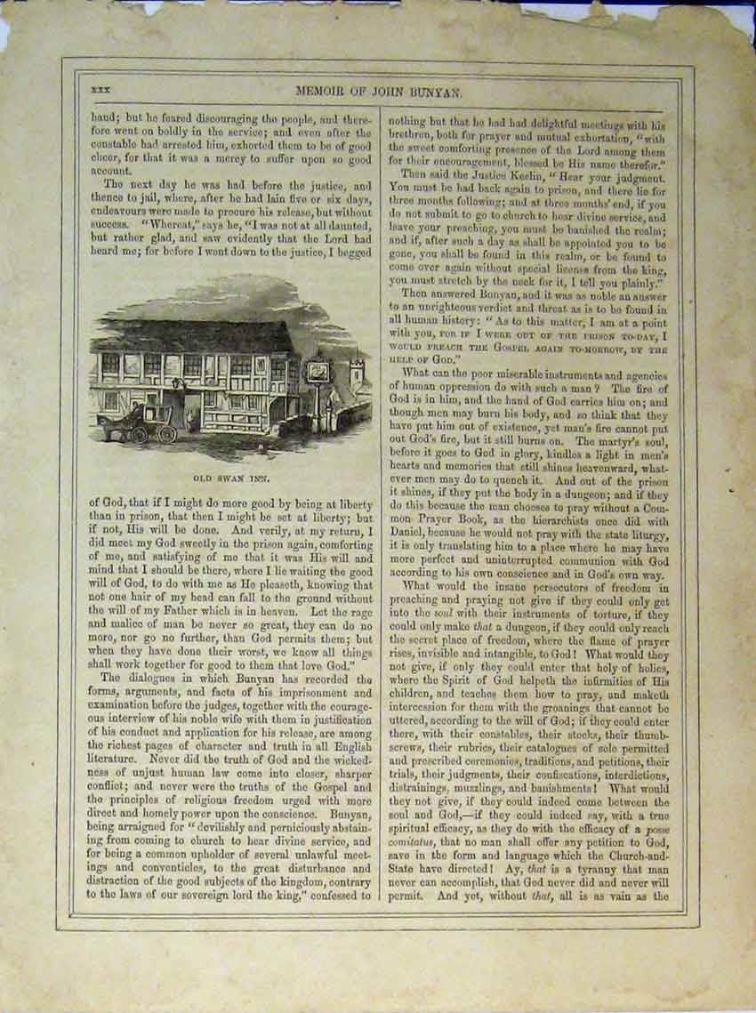 Original Old Antique Print View Swan Inn Horse Coach