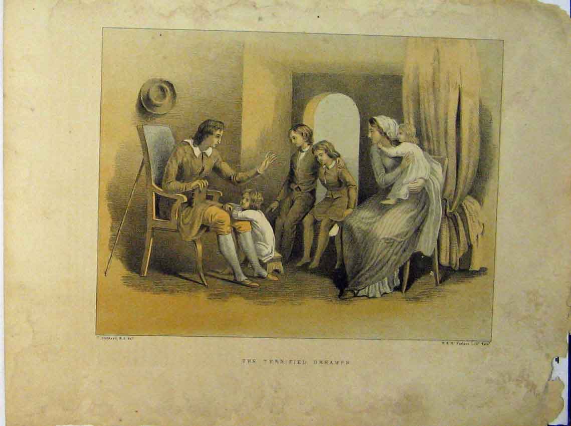 Original Old Antique Print Colour Family Man Chair Woman Baby Nightmare