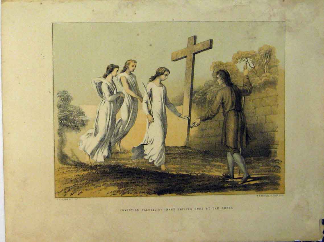 Original Old Antique Print Colour Christian Saluted Three Angles Cross