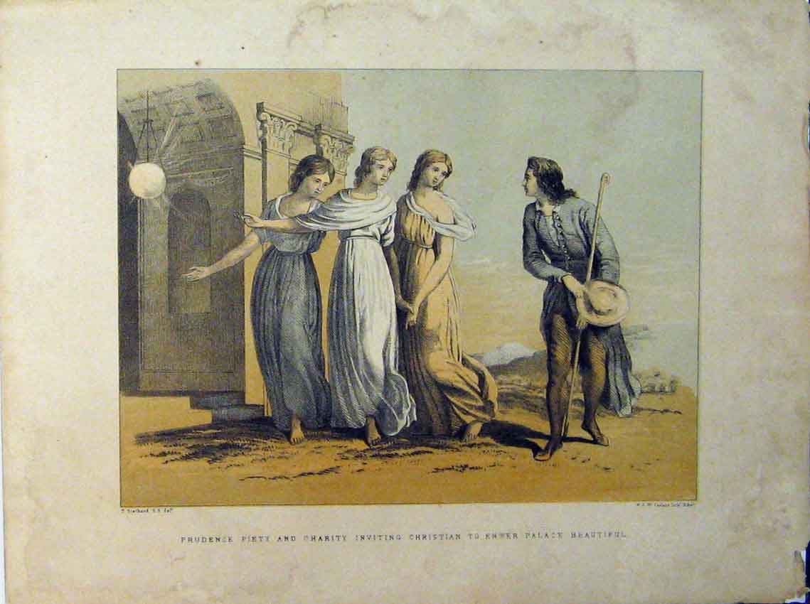 Original Old Antique Print Prudence Piety Charity Christian Palace Beautiful