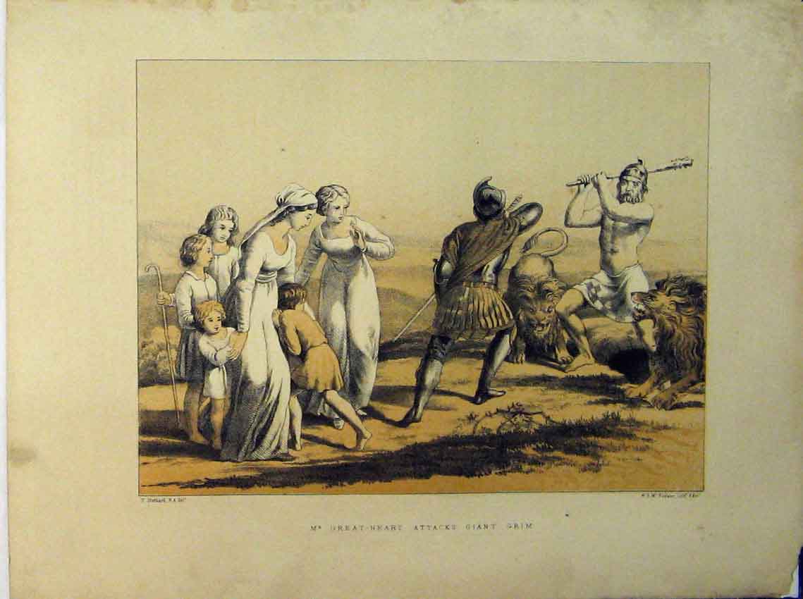 Original Old Antique Print Colour Great-Heart Attacks Giant Grim