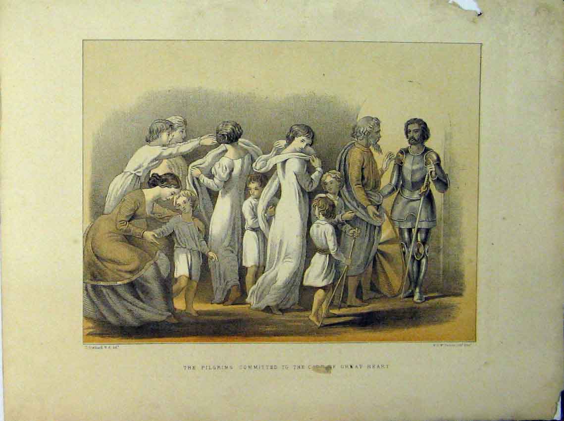 Original Old Antique Print Pilgrims Commited Care Great Heart Colour