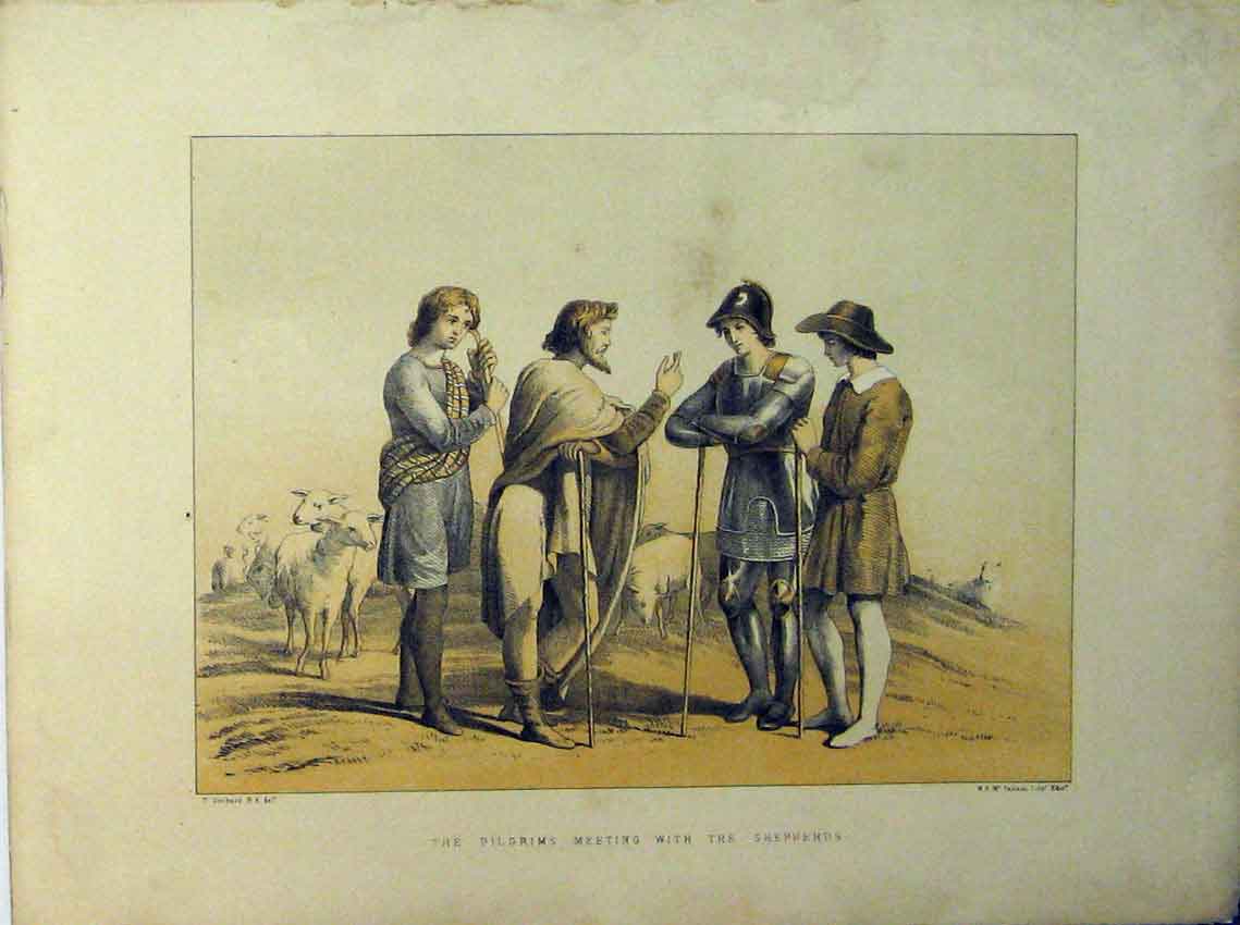 Original Old Antique Print Pilgrims Meeting Shepherds Sheep Colour Country